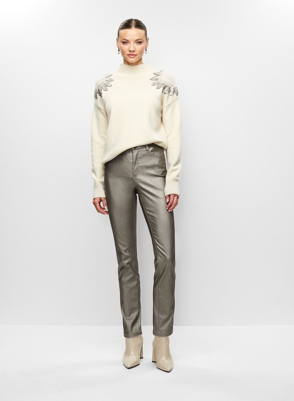 Sequin Motif Sweater & Coated Jeans