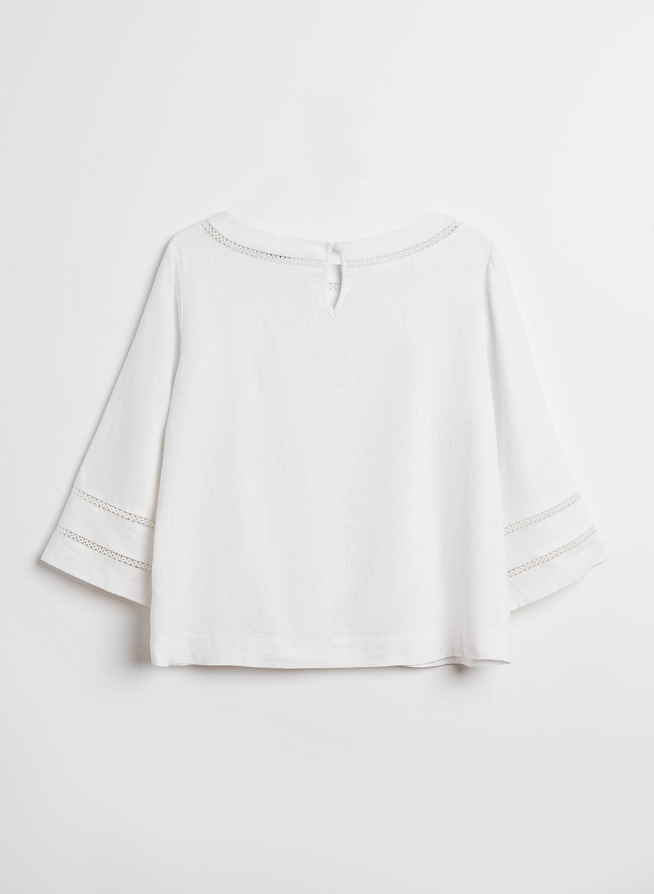 Linen Blend Eyelet Trim Blouse