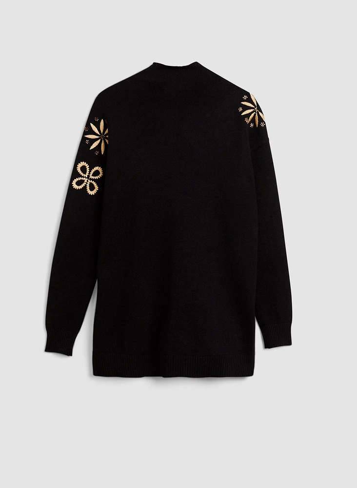 Embroidered Funnel Neck Tunic Sweater