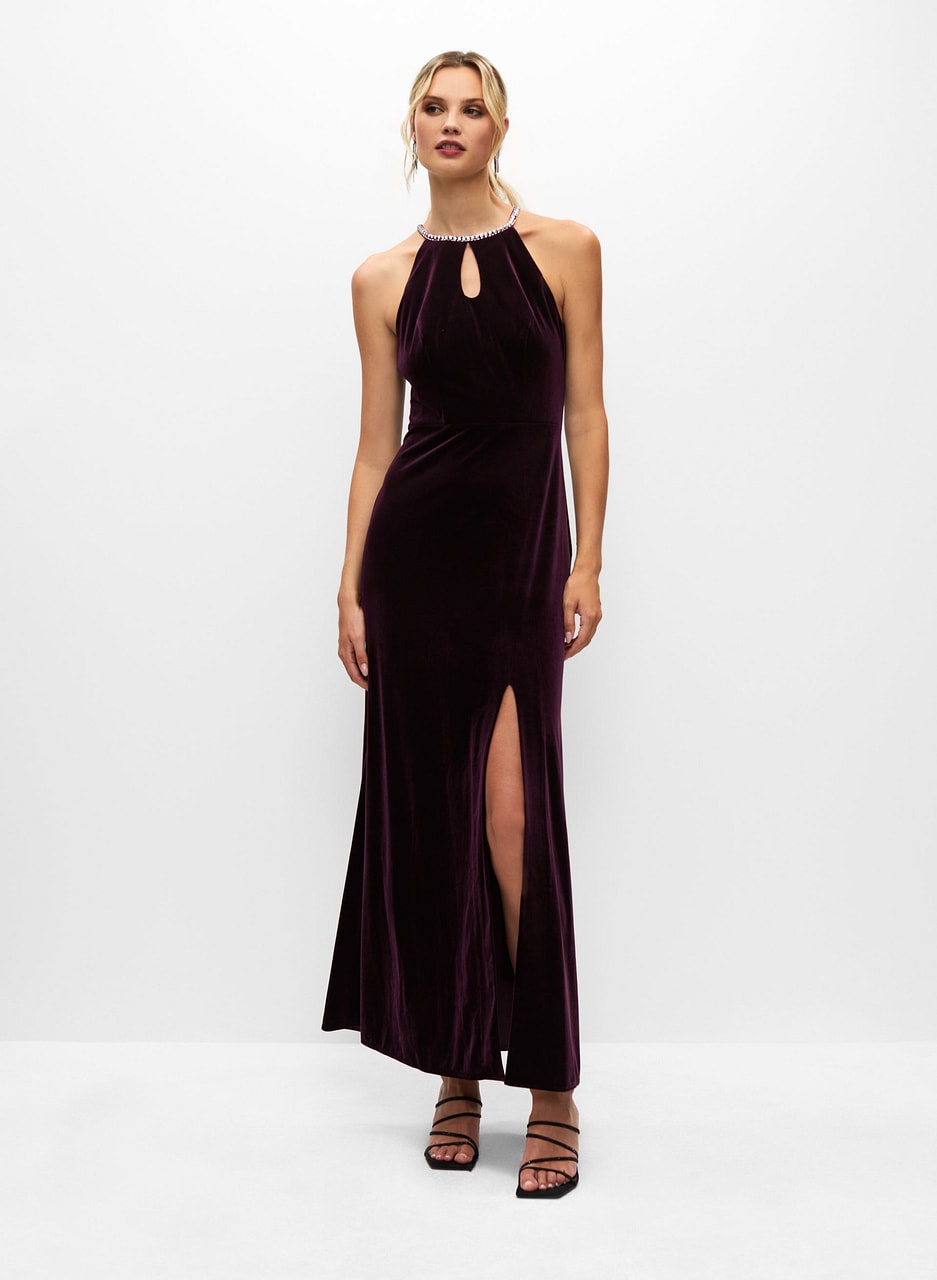 Stretch Velvet Crystal Halter Dress