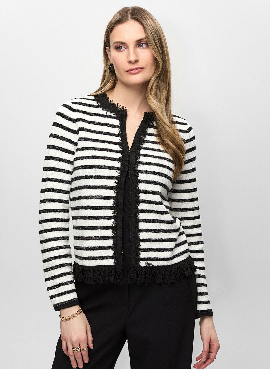 Fringe-Trimmed Striped Knit Cardigan