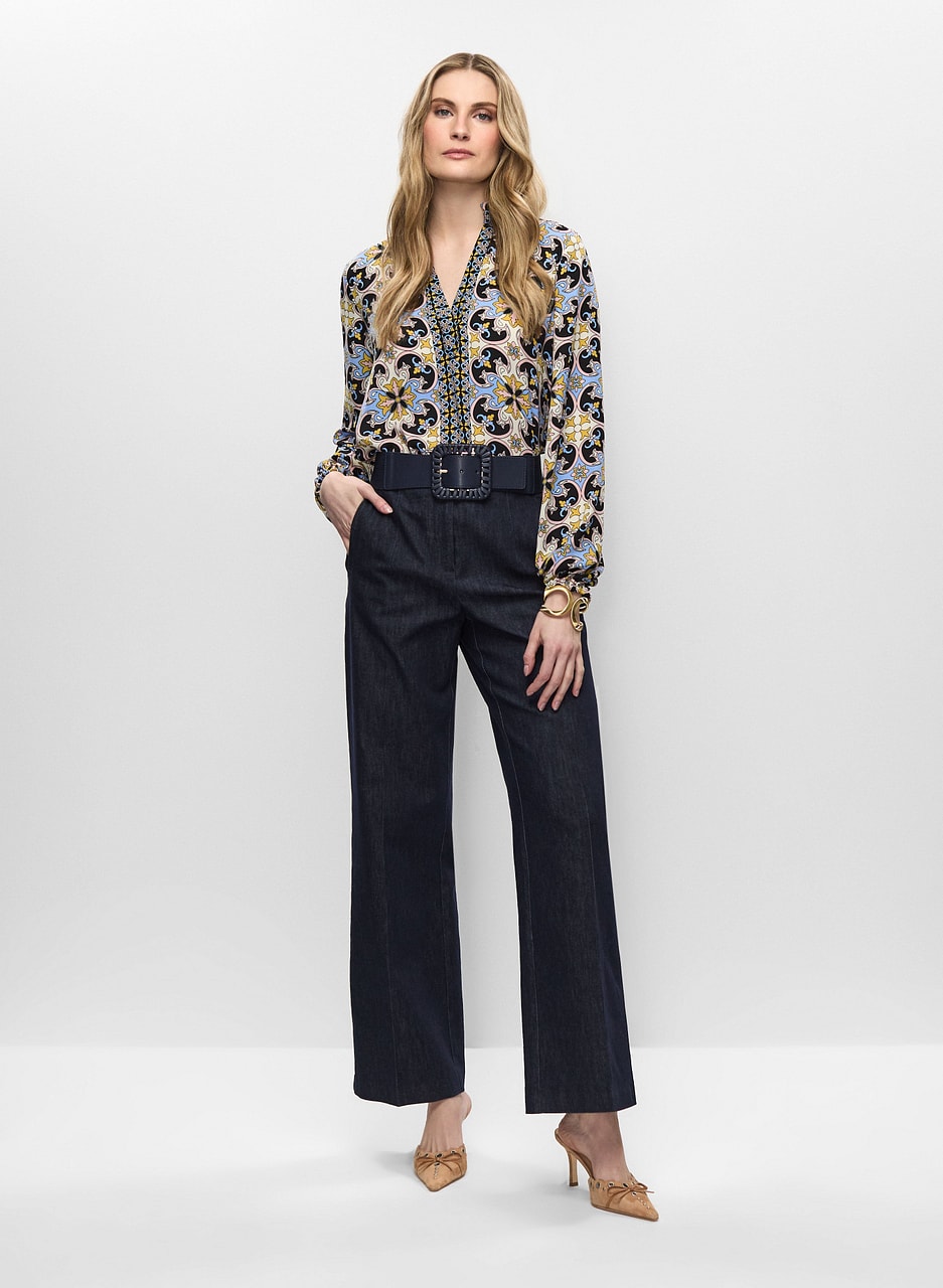 Split Neck Paisley Blouse & Wide Leg Denim Pants