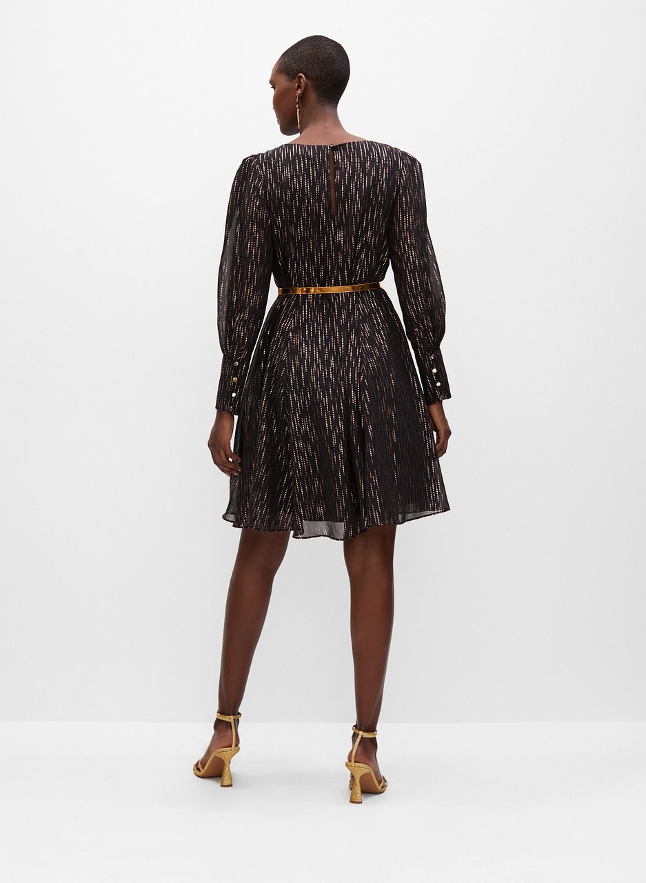 Belted Metallic Print Dress