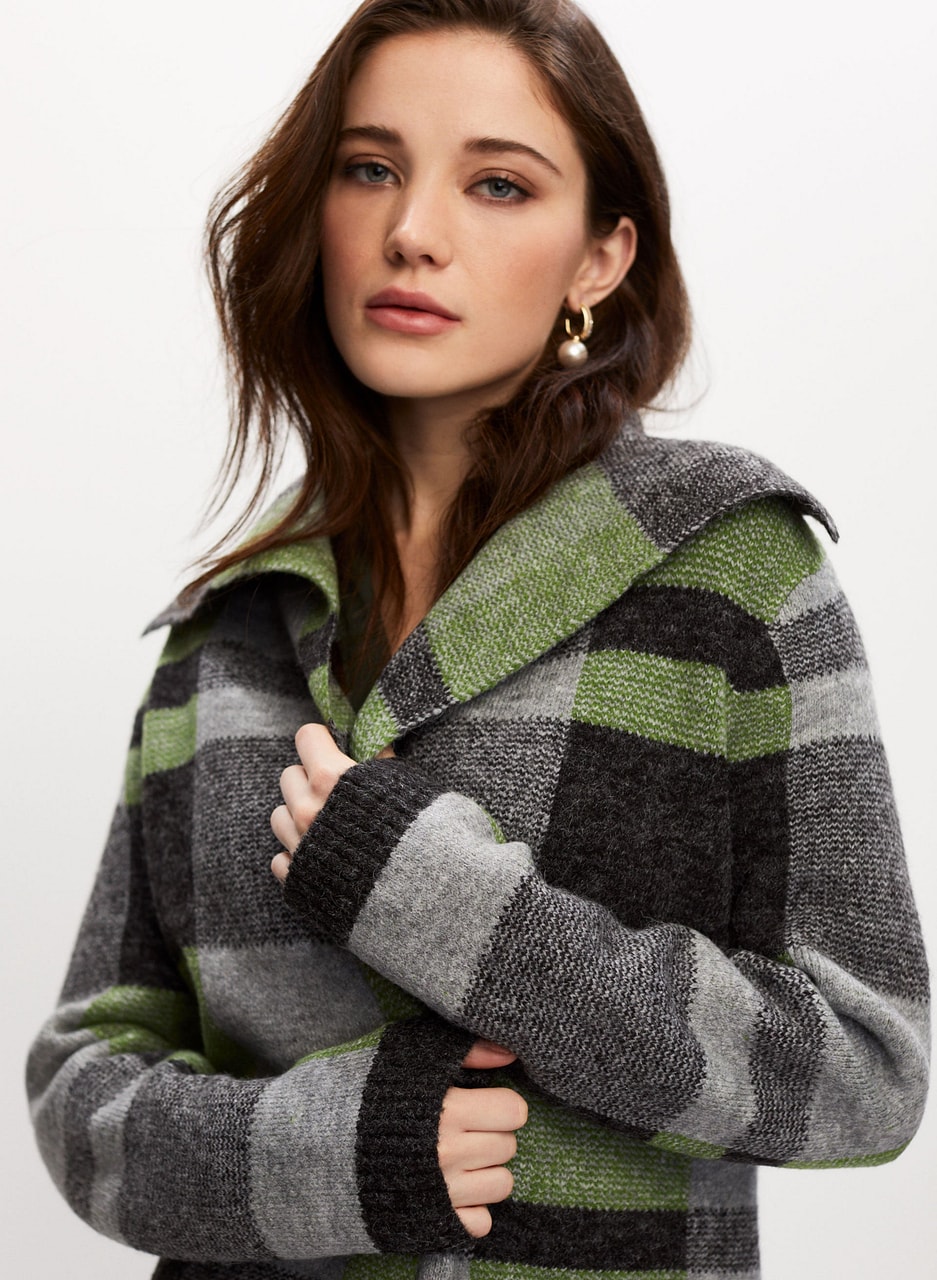 Angora Blend Plaid Motif Cardigan