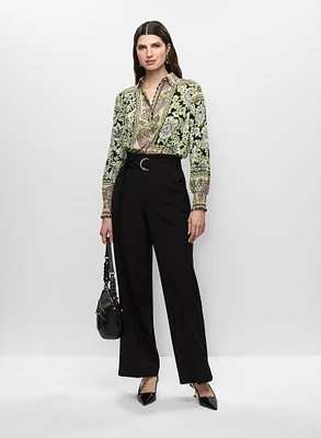 Paisley Print Smocked Blouse & Belted Wide Leg Pants