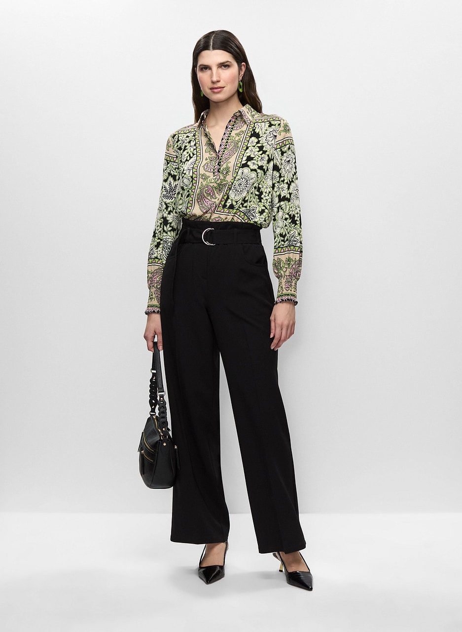 Paisley Print Smocked Blouse & Belted Wide Leg Pants