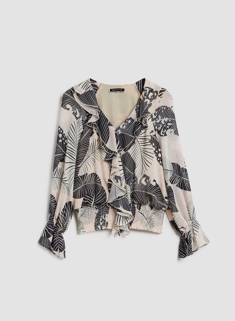 Palm Motif Ruffle Detail Blouse