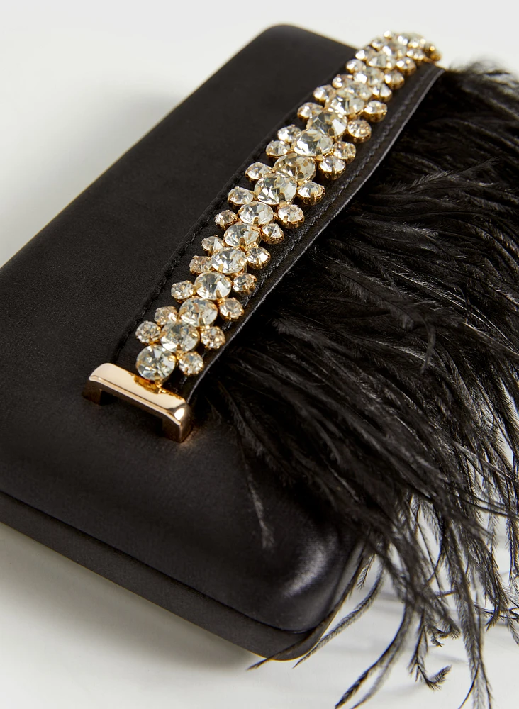 Feather & Crystal Detail Satin Clutch