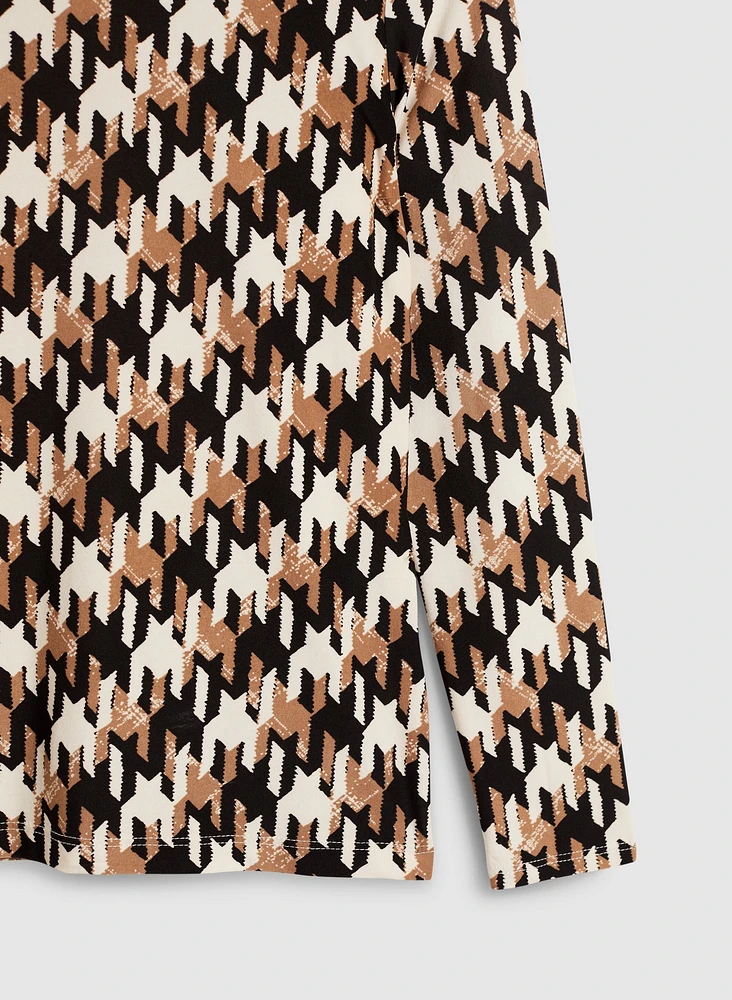 Houndstooth Print Mock Neck Top