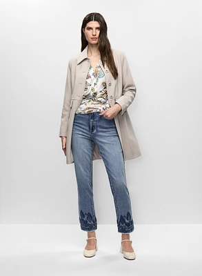 Button Front Tricotine Coat & Embroidered Jeans