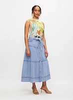 Button Front Denim Midi Skirt