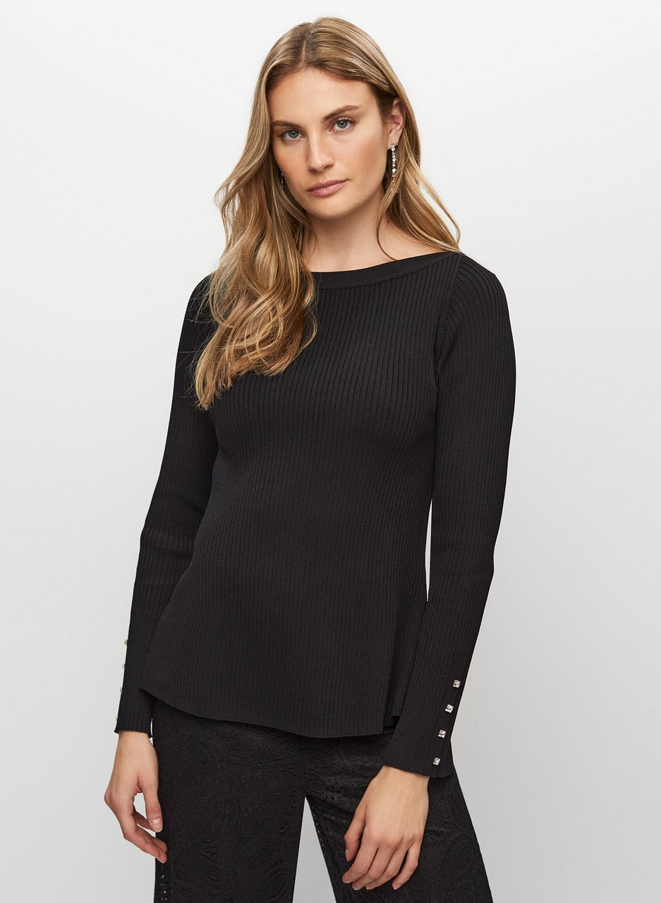 Rhinestone Detail Rib Knit Pullover