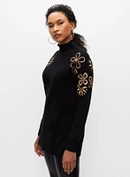 Embroidered Funnel Neck Tunic Sweater