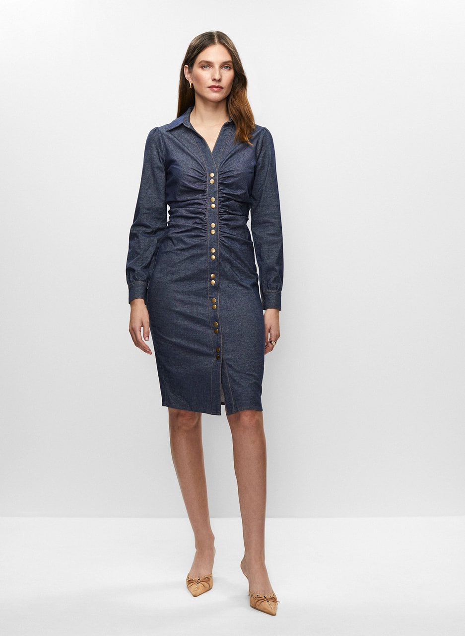 Ruched Denim Dress & Chunky Earrings