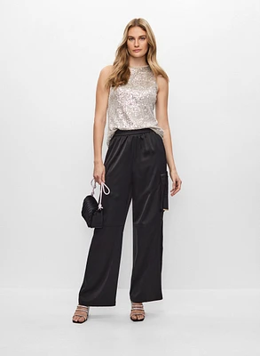 Sequin Top & Satin Cargo Pants