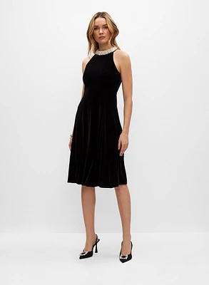 Adrianna Papell - Velvet Pearl Neck Dress