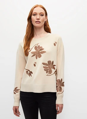 Sequin Floral Motif Crewneck Sweater