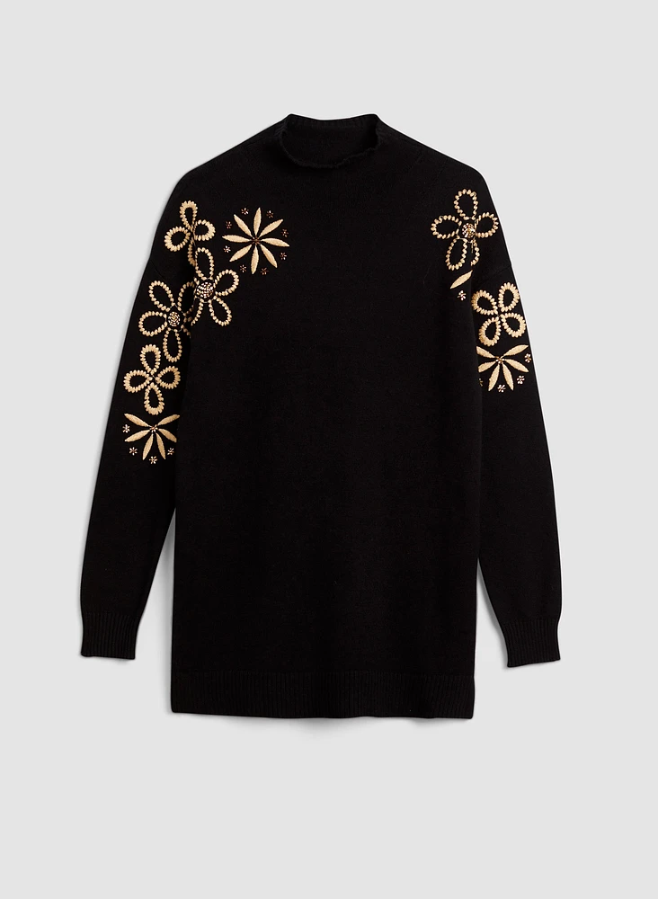 Embroidered Funnel Neck Tunic Sweater