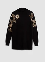 Embroidered Funnel Neck Tunic Sweater