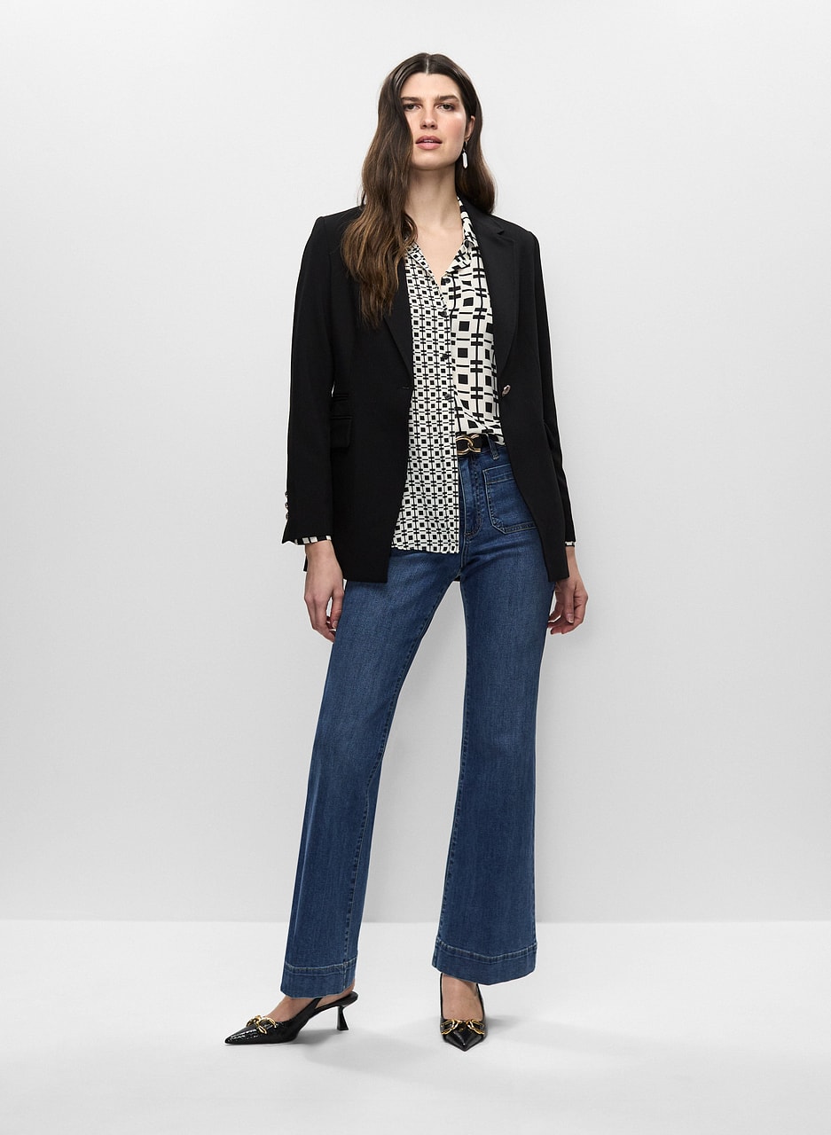 Single-Button Blazer & Flare Leg Jeans