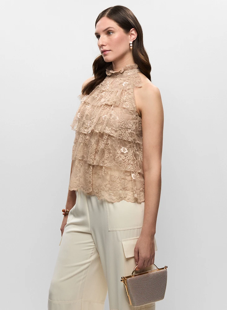 High-Neck Tiered Lace Top