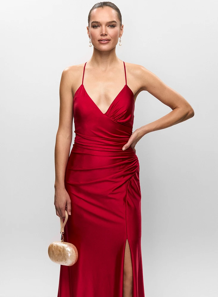 Ruched V-Neck High Slit Gown