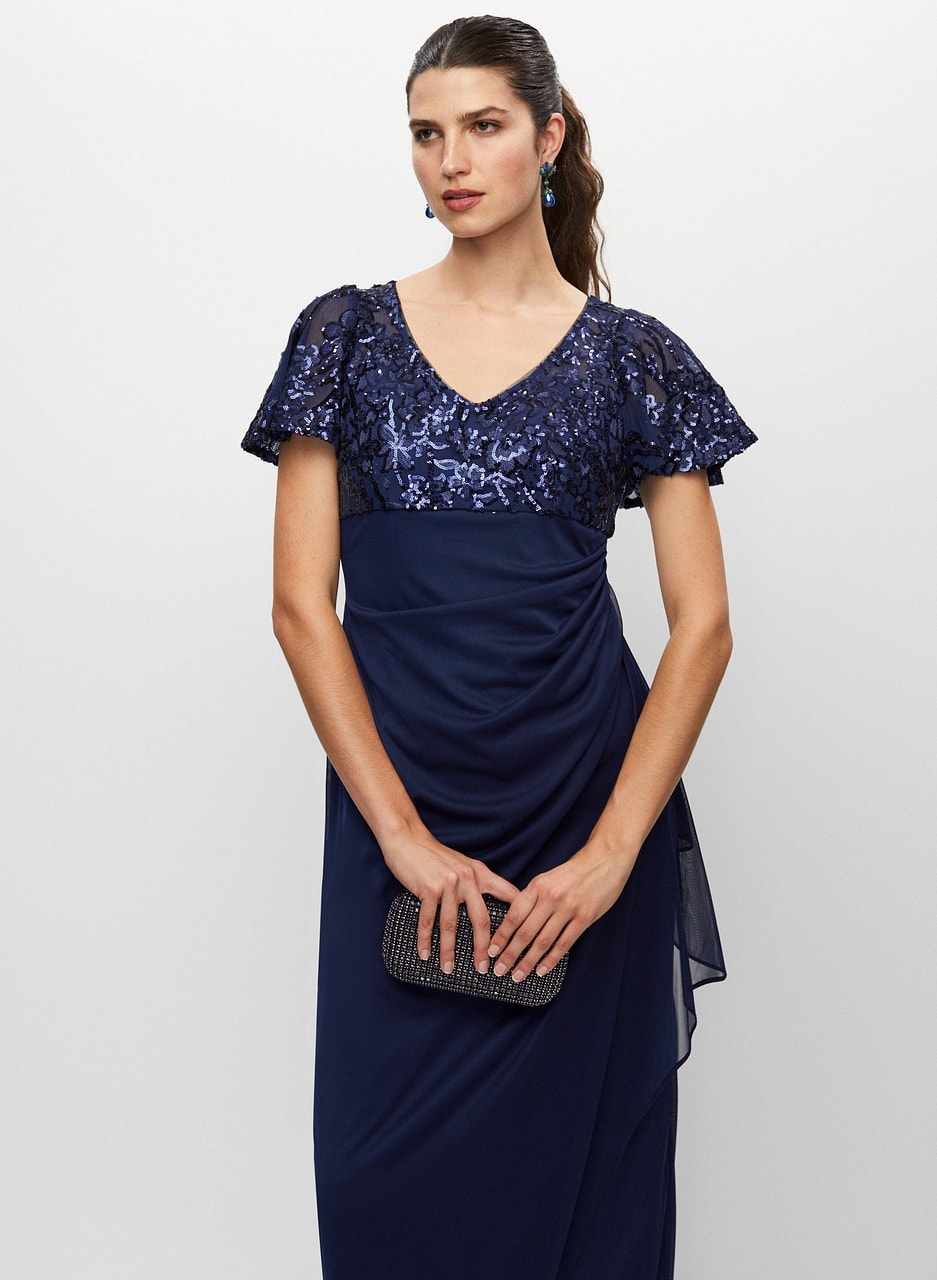 V-Neck Sequin Chiffon Dress