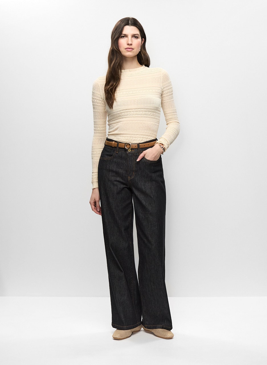 Ruffled Pointelle Knit Sweater & Wide Leg Jeans