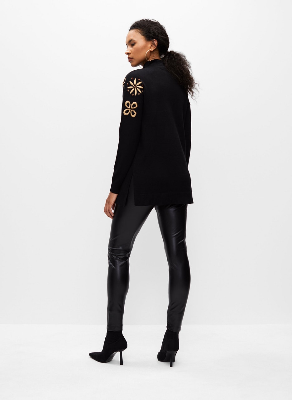 Embroidered Funnel Neck Tunic Sweater