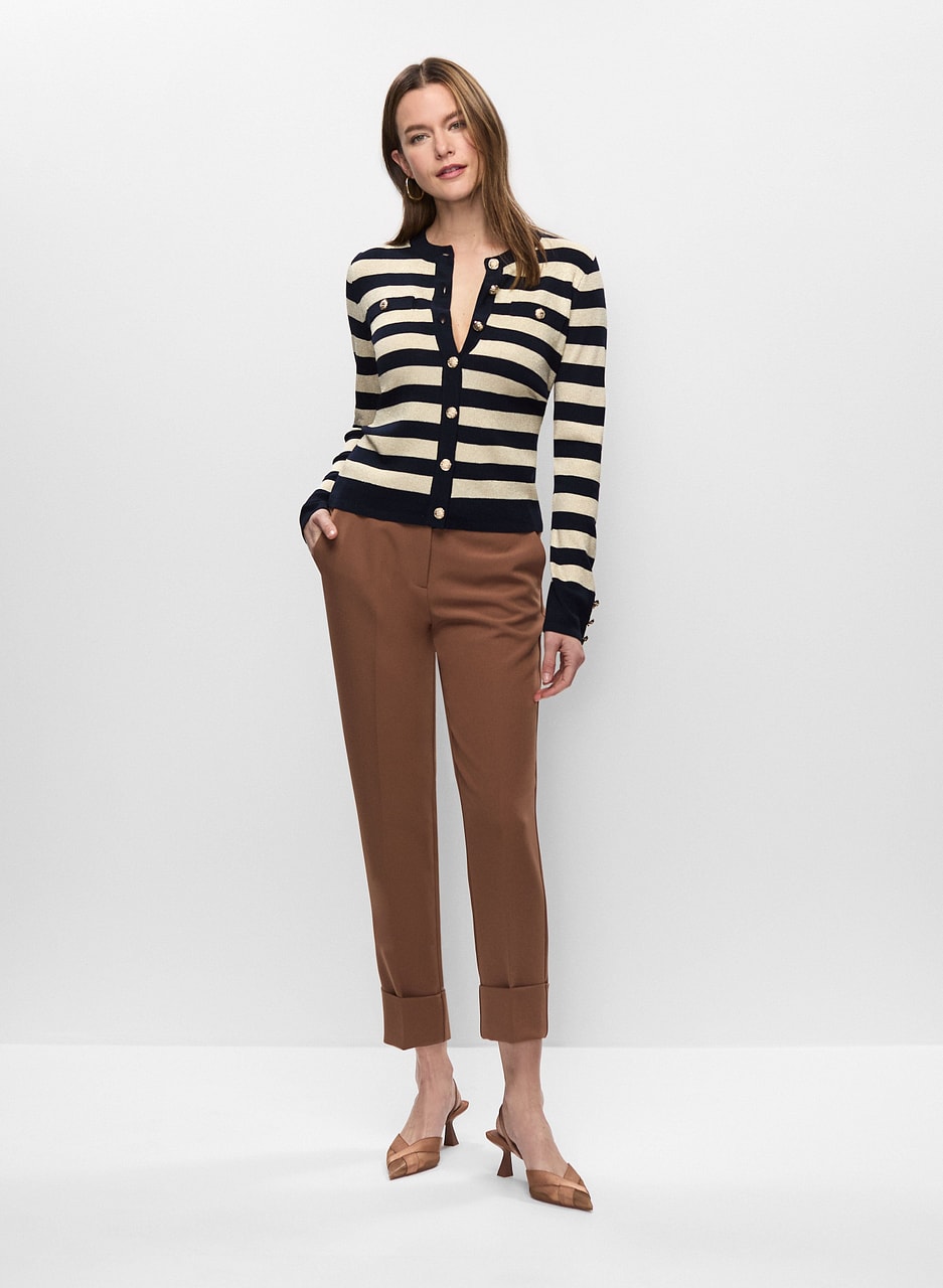 Crew Neck Stripe Cardigan & Cuffed Ankle Pants