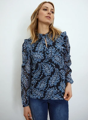 Paisley Print Ruffle Blouse