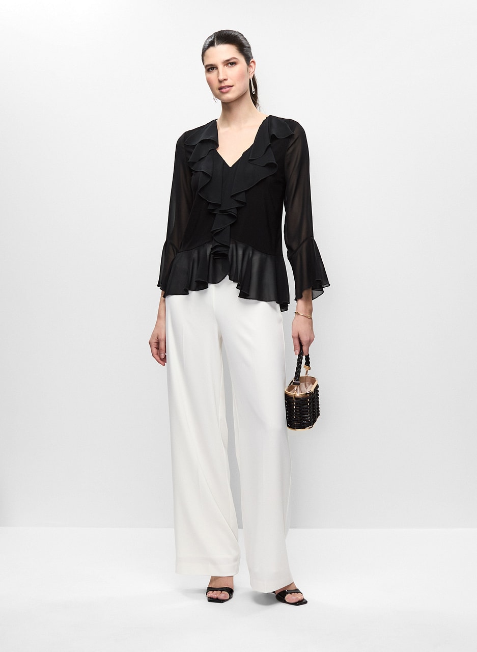 Ruffle Detail Long Sleeve Top & Wide Leg Pants