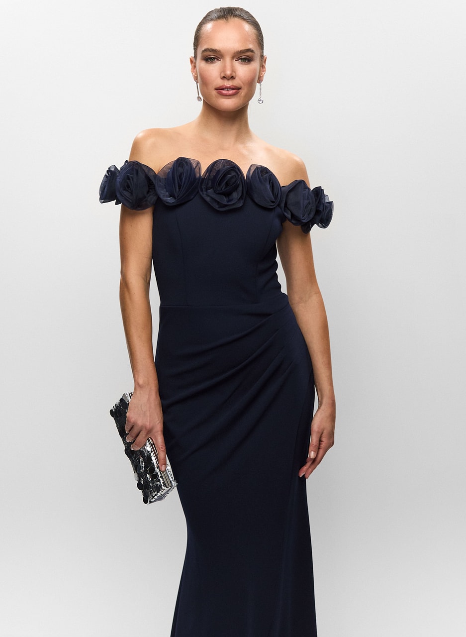 Off-the-Shoulder Rosette Gown