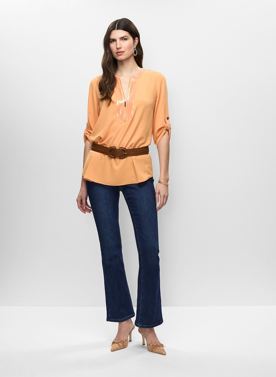 Crinkle Effect V-Neck Tunic & Flare Leg Jeans