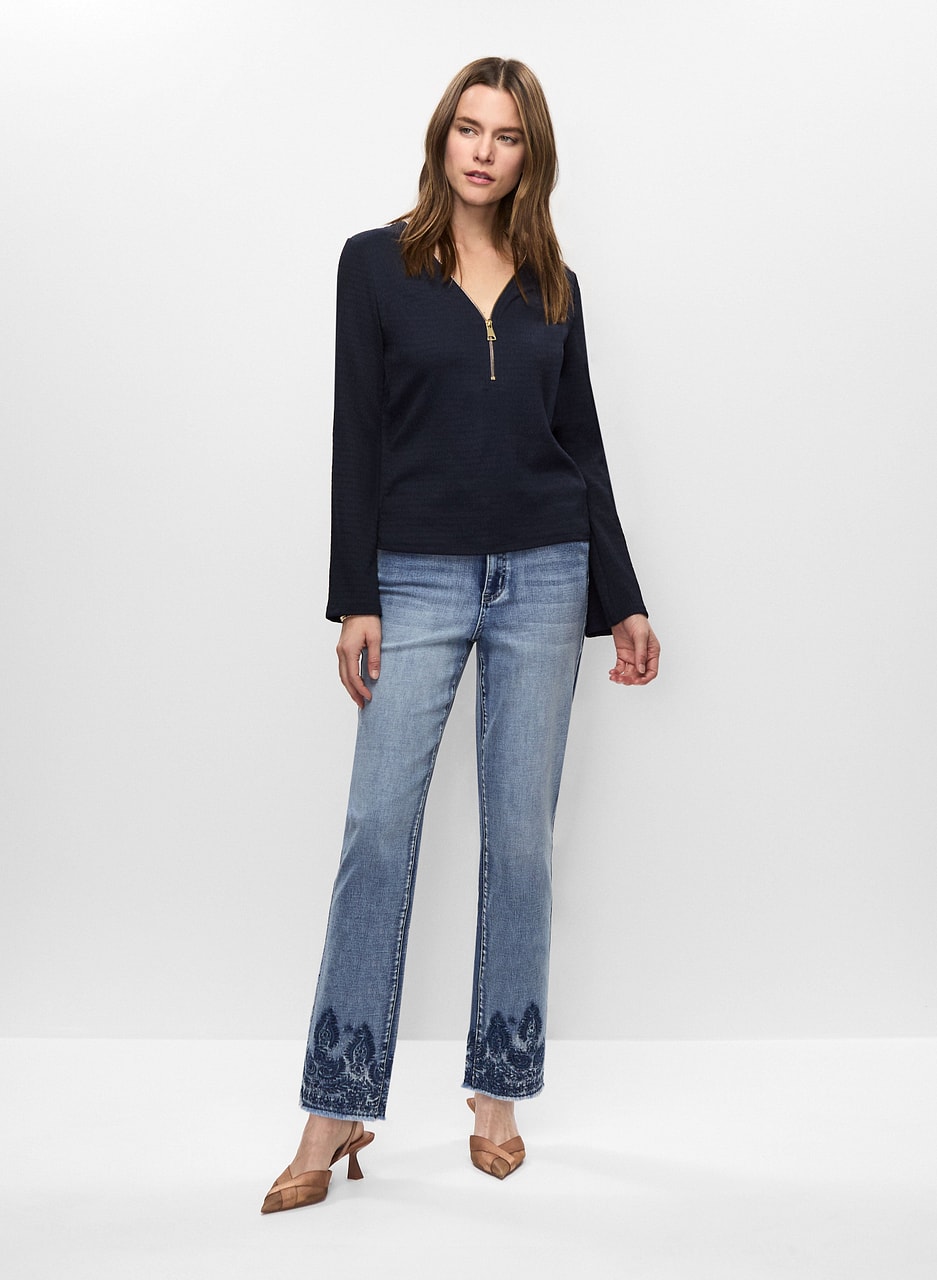 Zip Neck Top & Embroidered Jeans