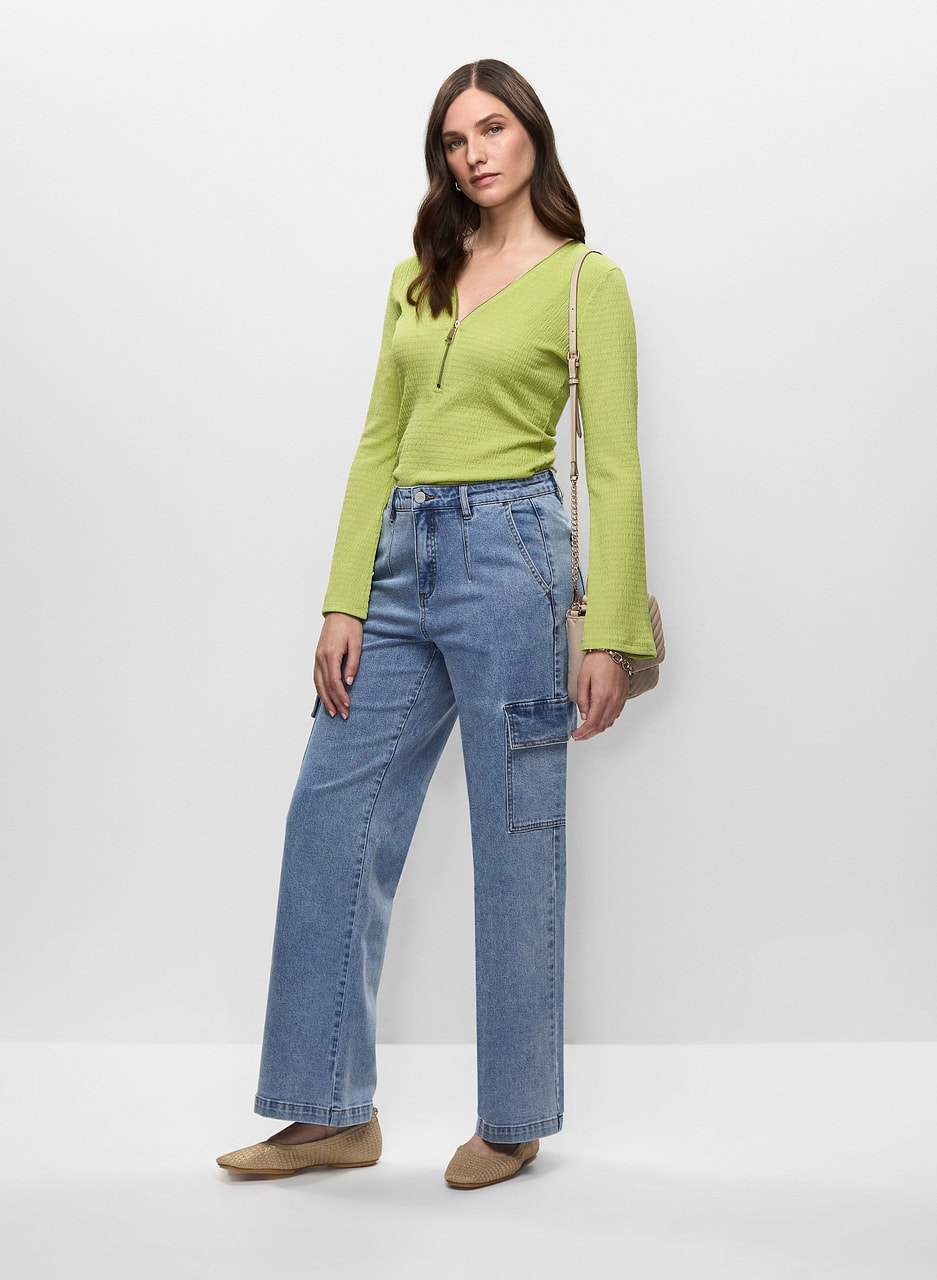 V-Neck Zip Detail Top & Wide Leg Cargo Jeans