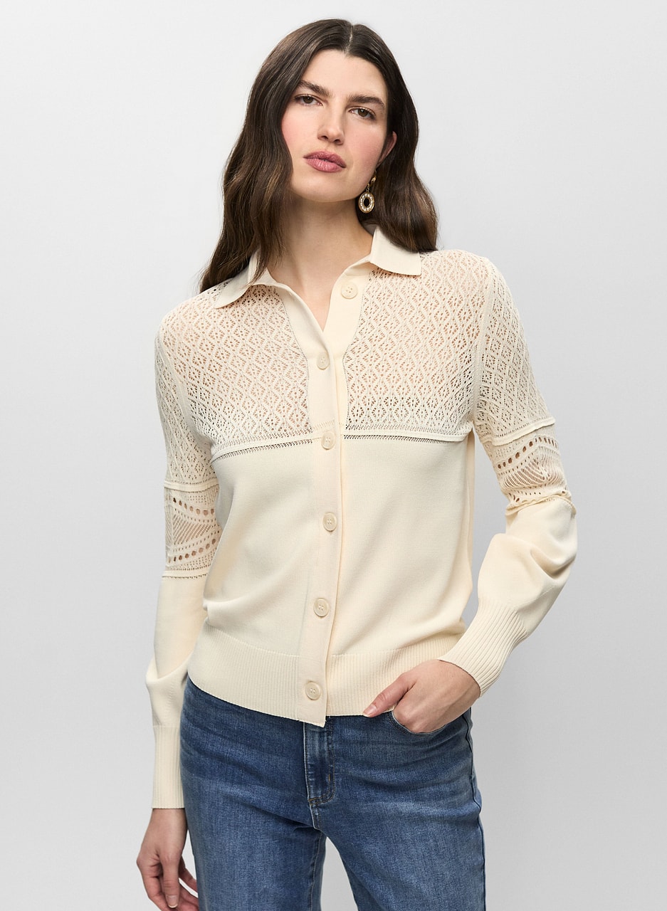 Pointelle Knit Polo Cardigan