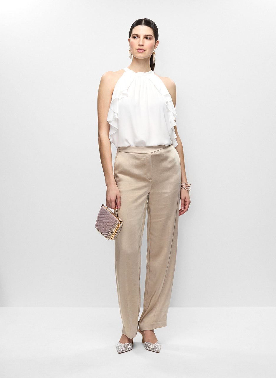 Sleeveless Ruffle Blouse & Satin Straight Leg Pants