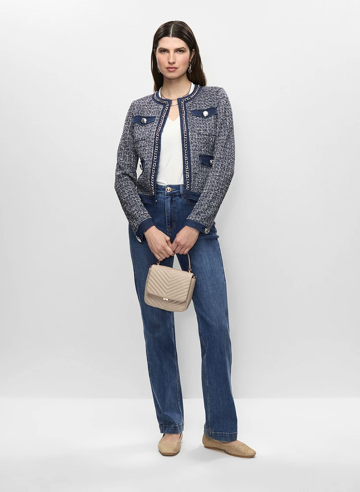 Denim Trim Bouclé Jacket & & Wide Leg Jeans