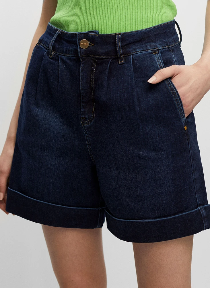 Pleated Denim Shorts