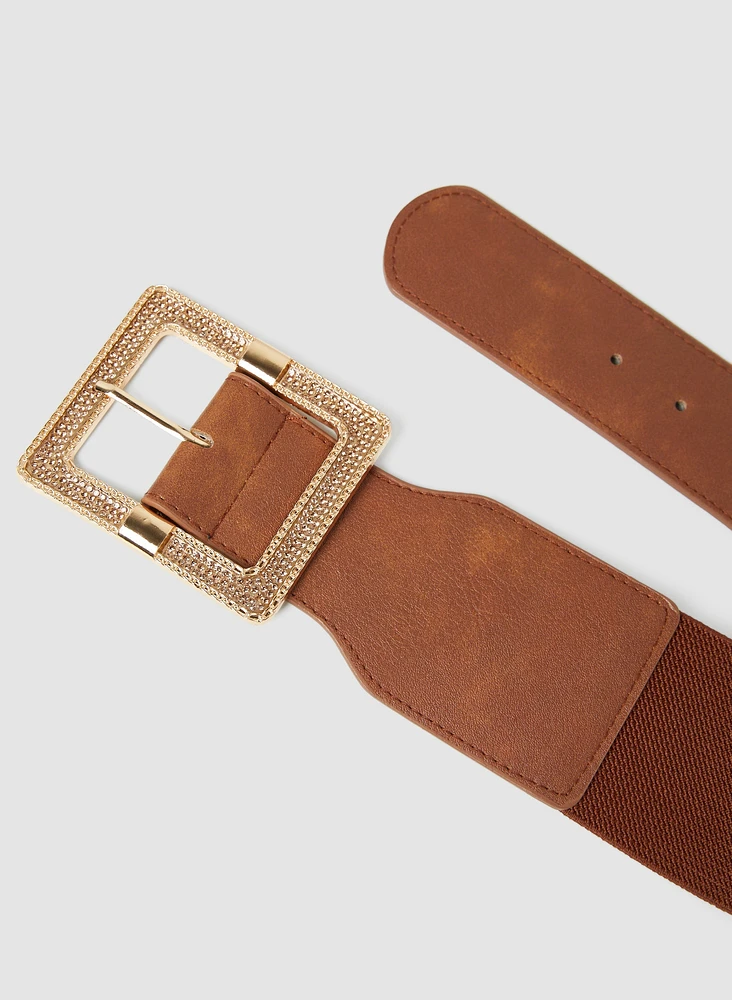 Wide Elastic Embellished Buckle Belt