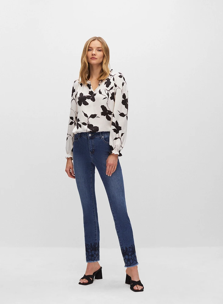 Embroidered Hem Slim Leg Jeans