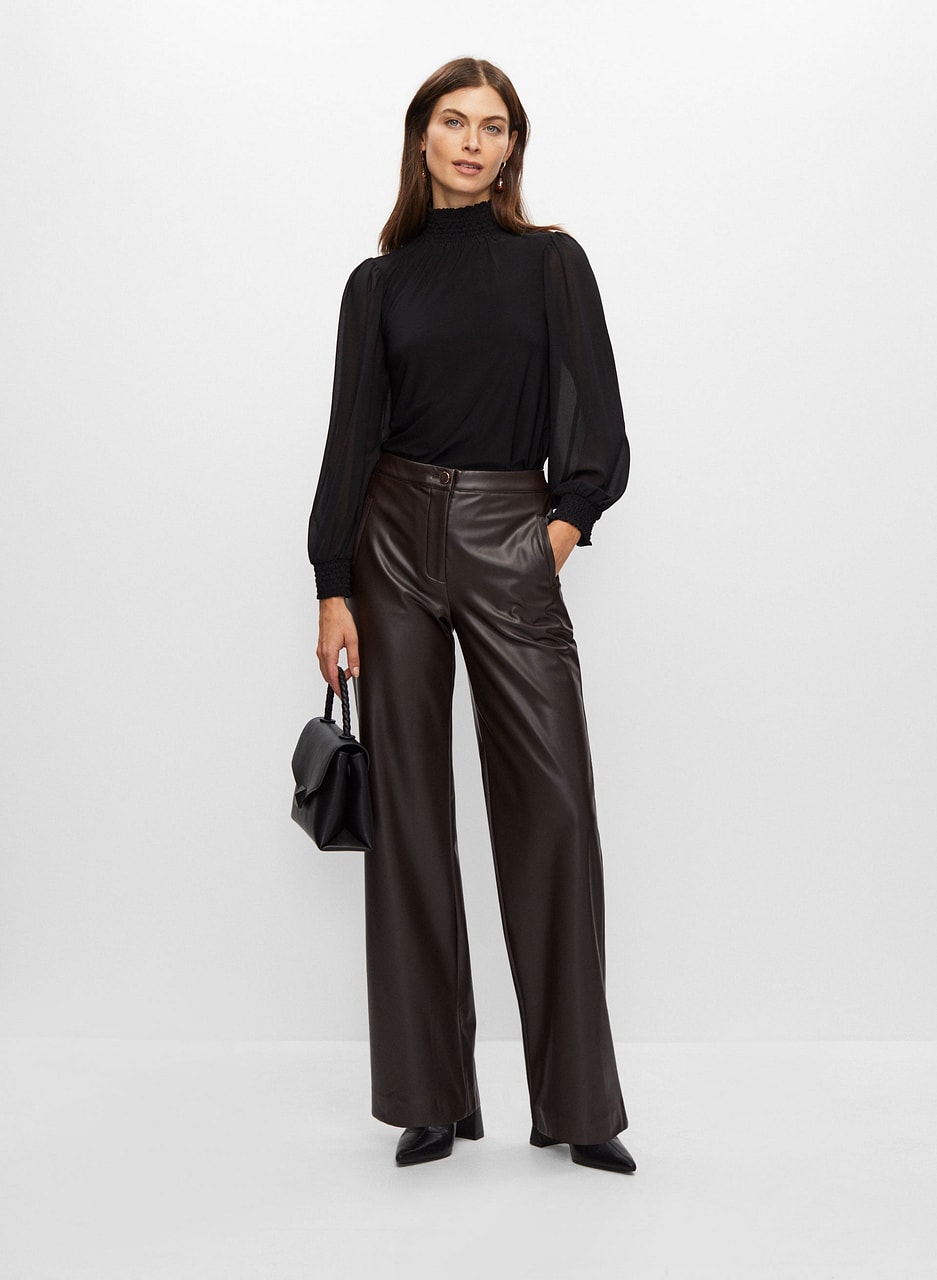 High Neck Chiffon Blouse & Vegan Leather Pants