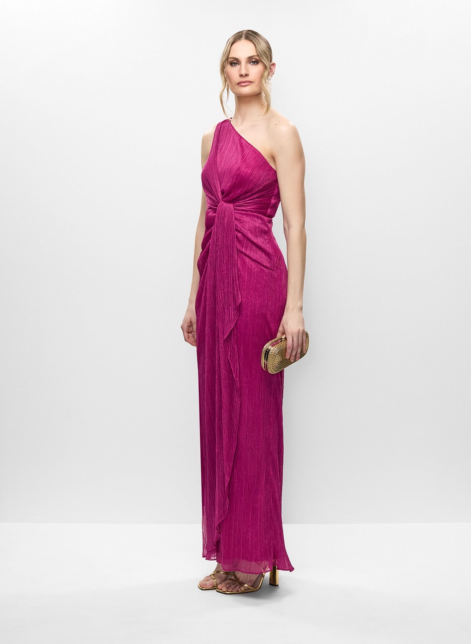 Metallic One-Shoulder Gown & Graduated Chandelier Earrings