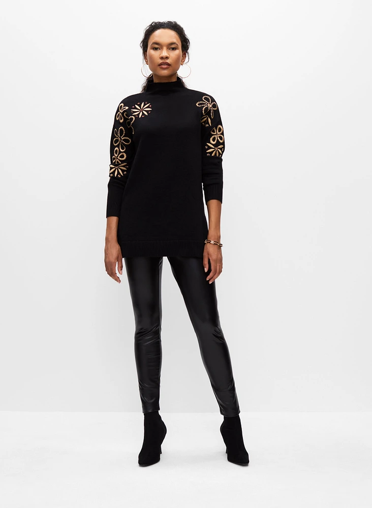 Embroidered Funnel Neck Tunic Sweater