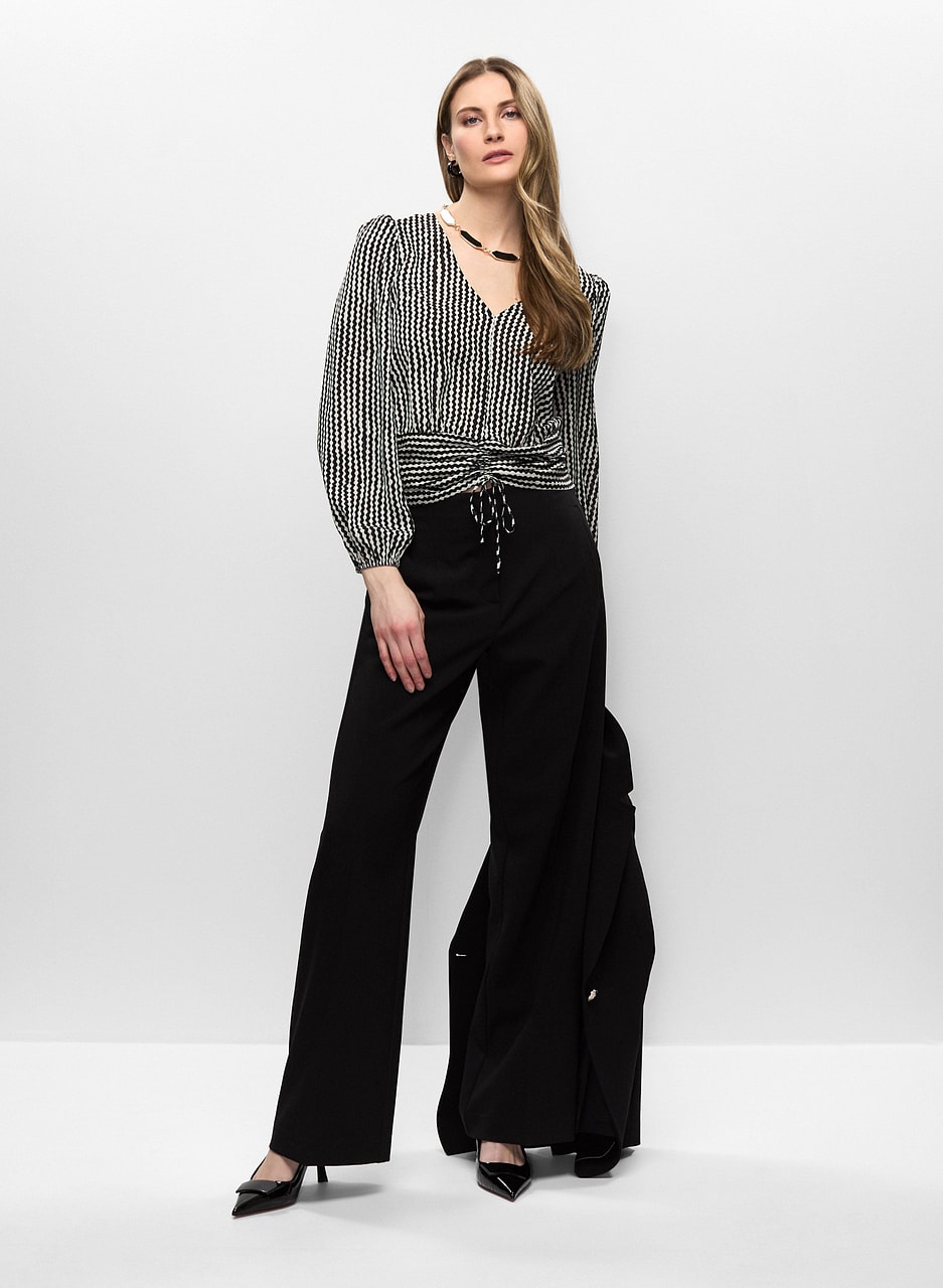 Single-Button Blazer, Geometric Blouse & Wide Leg Pants