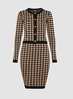 Houndstooth Motif Dress & Cardigan Set