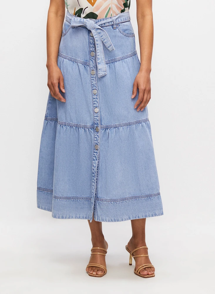 Button Front Denim Midi Skirt