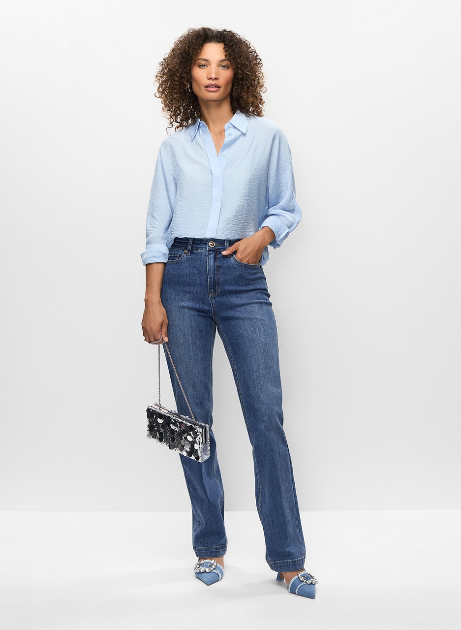 Crinkle Effect Blouse & Wide Leg Trouser Jeans