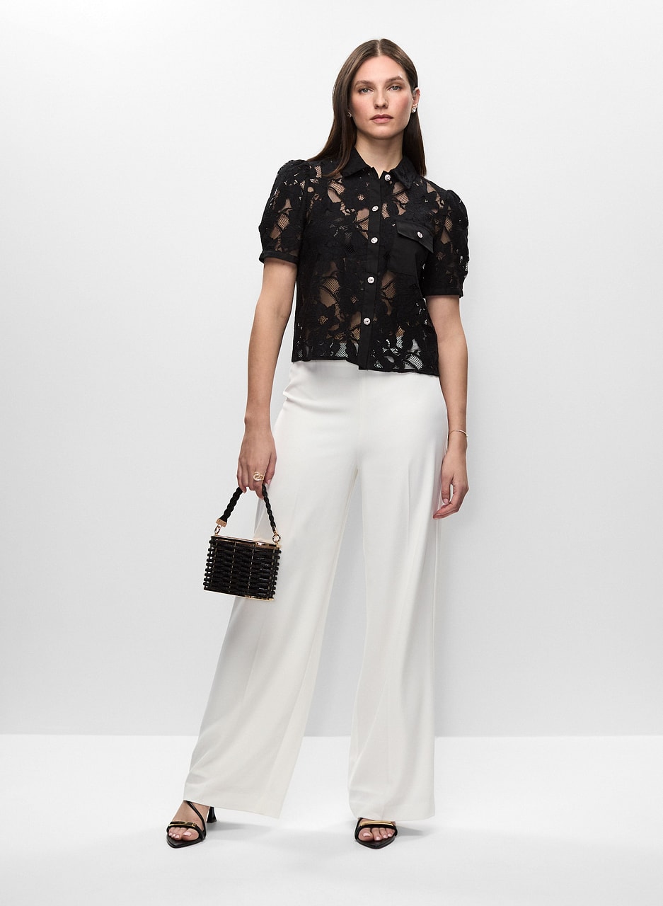 Short Sleeve Lace Blouse & Satin Waist Pants